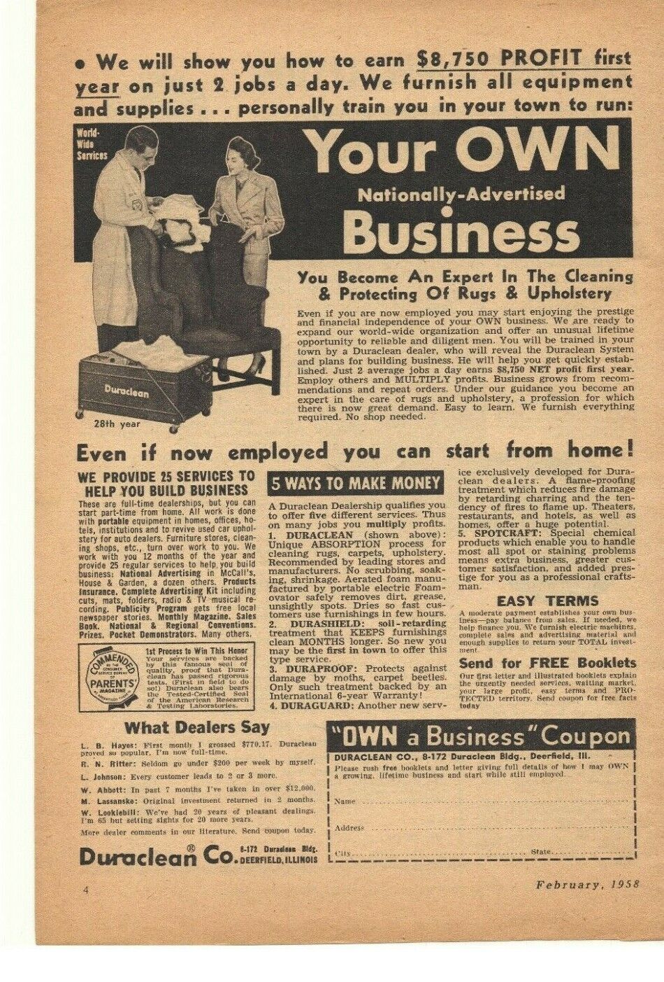 1958 Duraclean Co. Advertisement Deerfield, Illinois