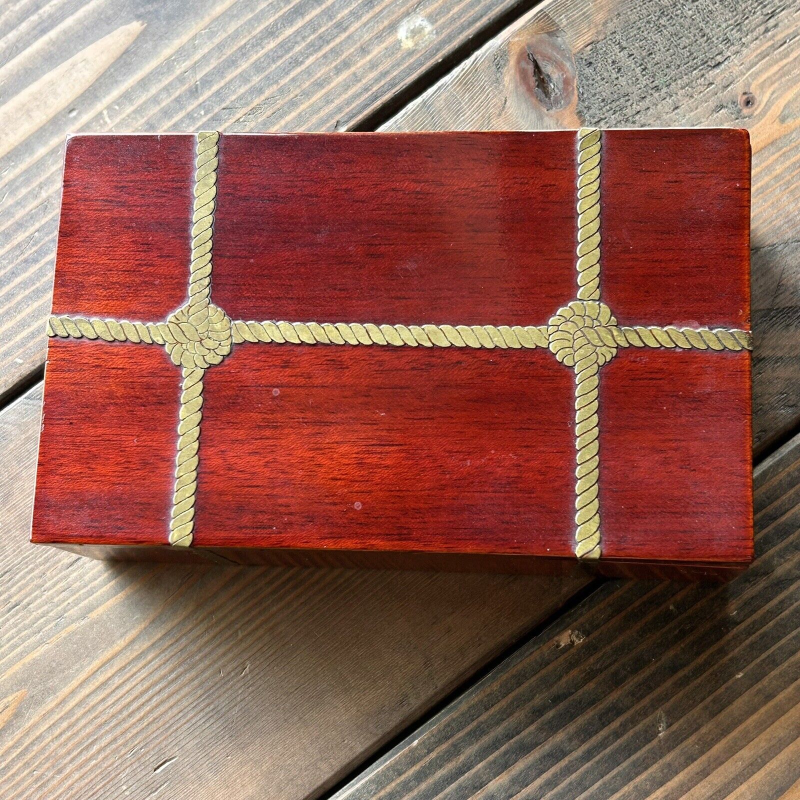 Mid Century Mod Signed Georges Briard Wood Trinket Box Inlaid Brass Rope Design