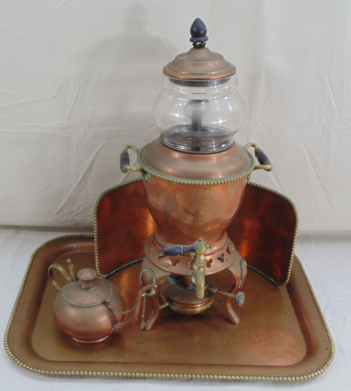 Antique S. Sternau & Co Copper & Brass Coffee Percolator Pot Set Samovar w/Tray