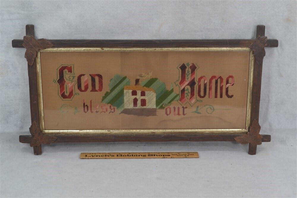 antique motto sampler framed God Bless Our Home 23x10x1 Victorian 19th original 