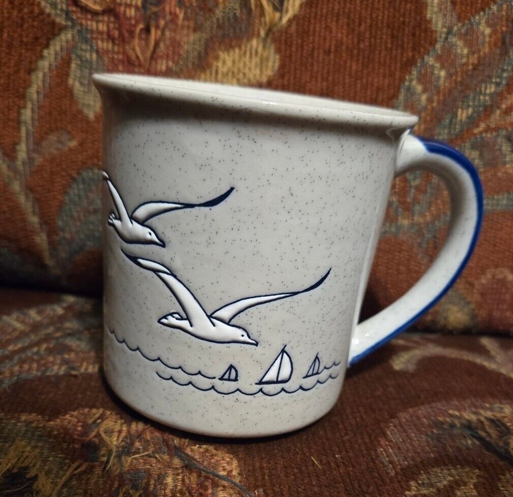 Vtg Otagiri Japan Art Pottery Mug Seagull In Flight W Sailboats Ocean Nautical 
