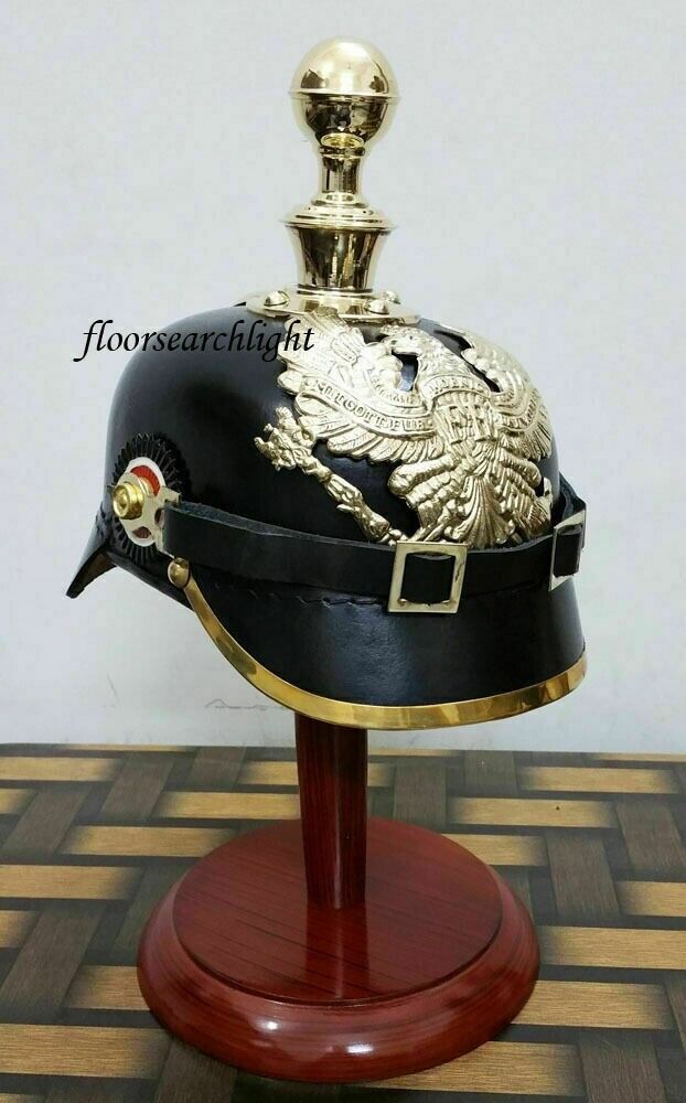 WWI Officer's Ball Spiked German Prussian Leather Pickelhaube Helmet W/ Stand