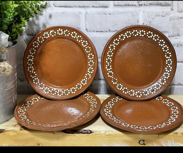Plate Artesanal Mexican Redware Clay Side or Salad Plates Set of 4