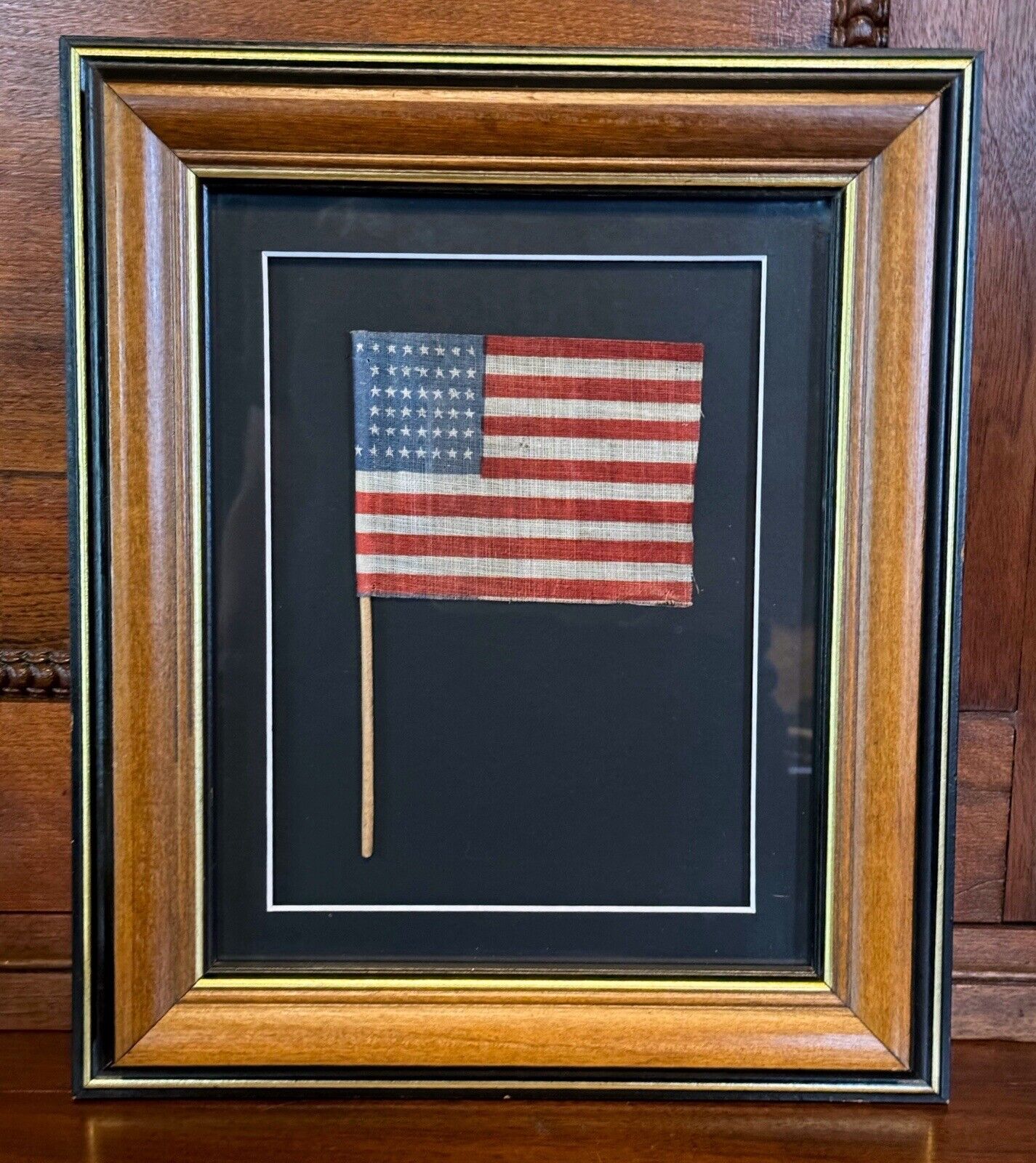 Antique 44 Star American Parade Flag~ Wyoming 1891-1896~ Framed w Original Stick
