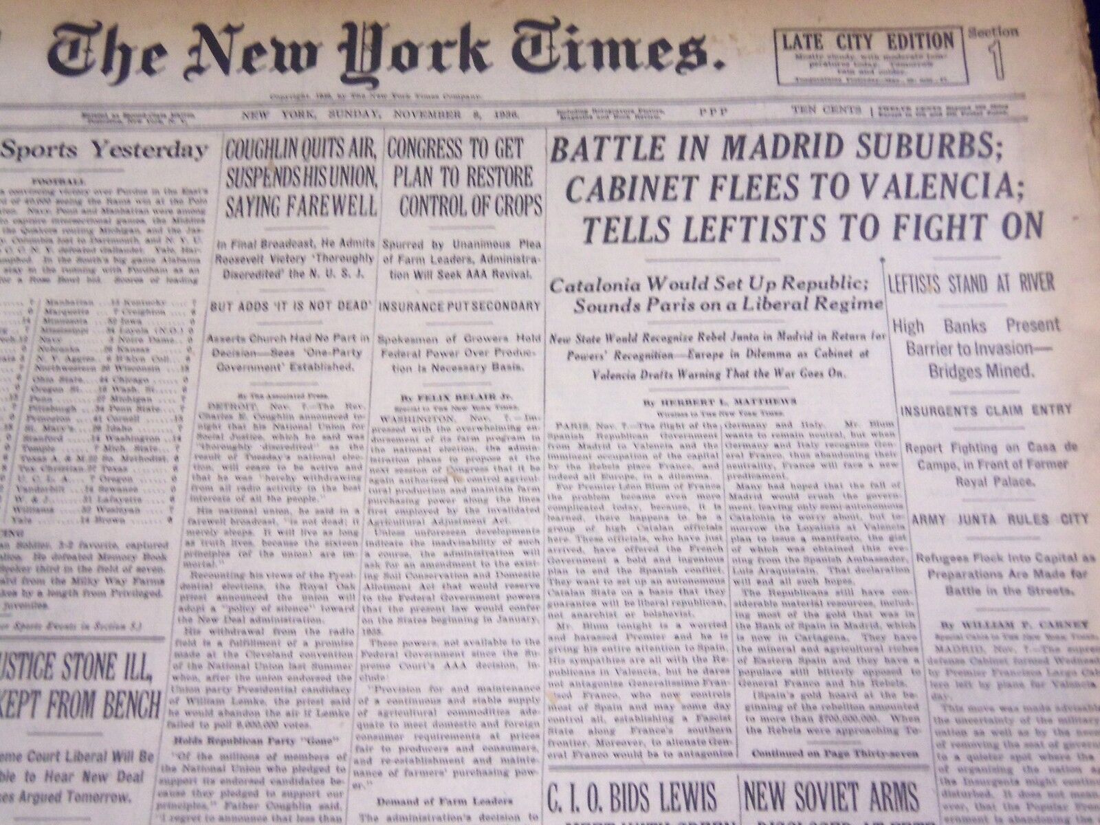 1936 NOV 8 NEW YORK TIMES - BATTLE IN MADRID SUBURBS LEFTISTS FIGHT ON - NT 1858