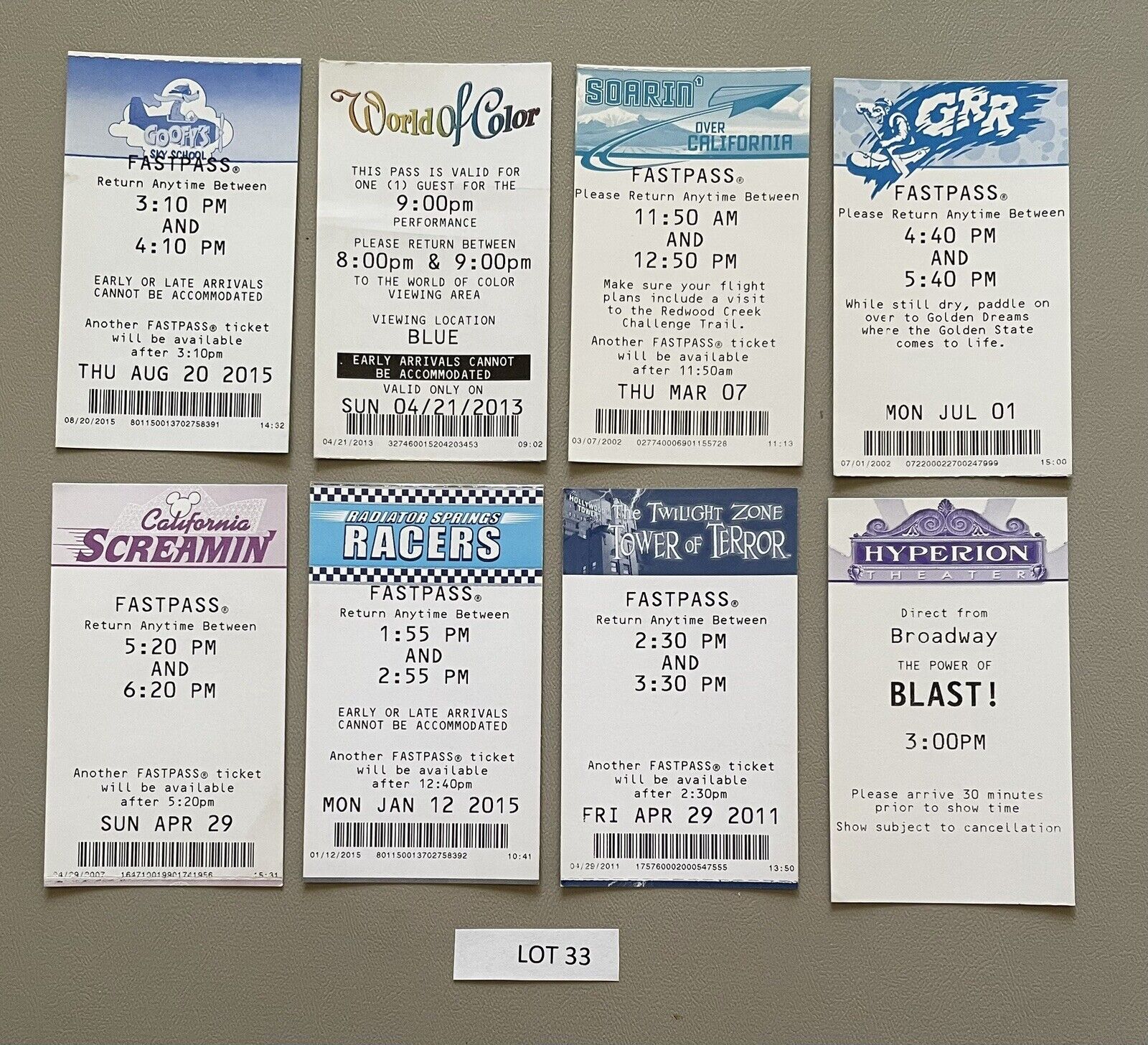 Disney’s California Adventure FastPass Lot of 8 Different DCA, RARE Collectibles