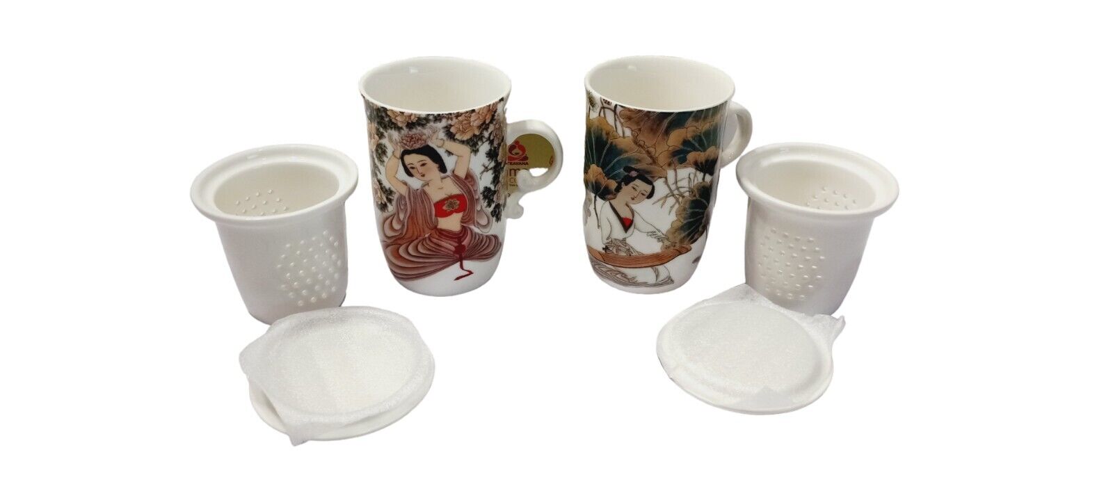 Teavana Perennial Goddesses Lotus & Peony 2 Tea Mug Set Porcelain Lids Infusers