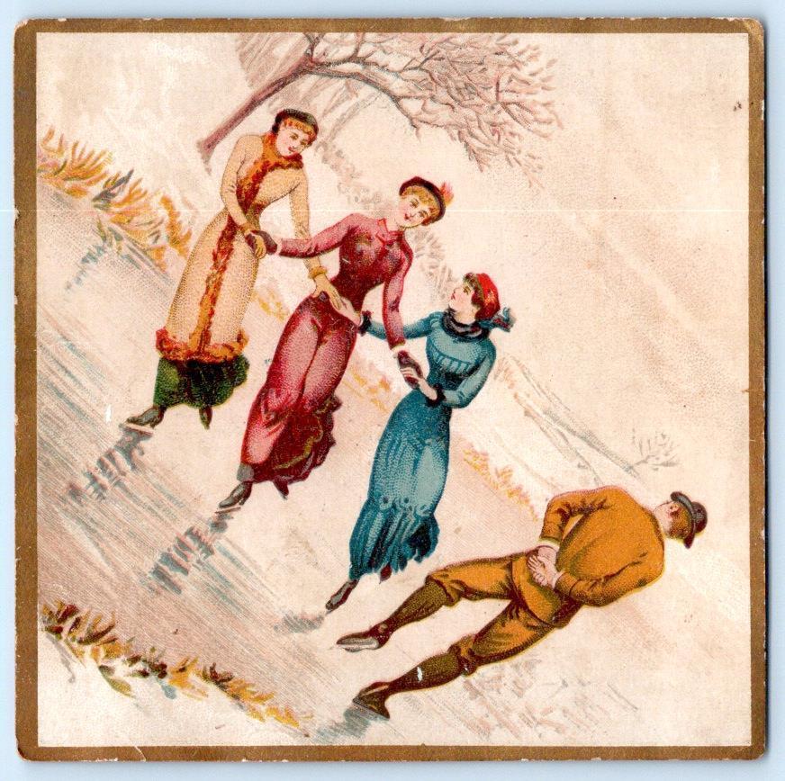 1880\'s ICE SKATING STOCK VICTORIAN CHRISTMAS WINTER SCENE NEAT PATTERN ON BACK