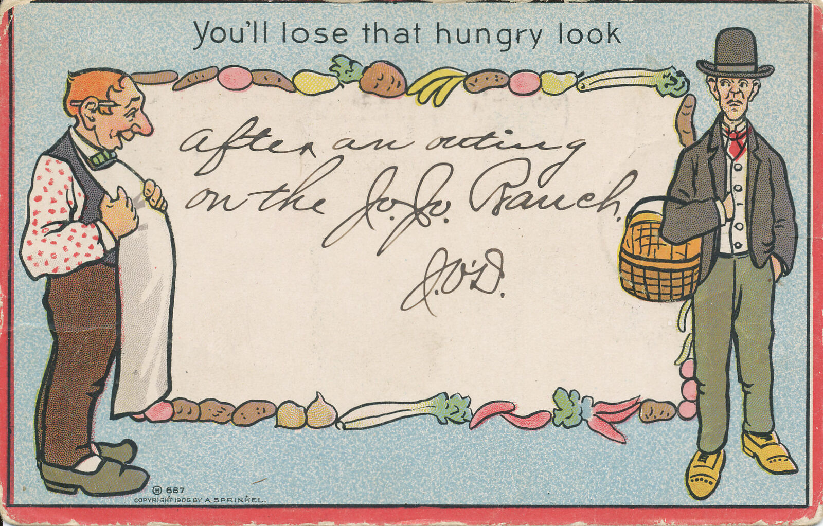 GROCER AND MAN WITH EMPTY WICKER BASKET - 1906 postcard