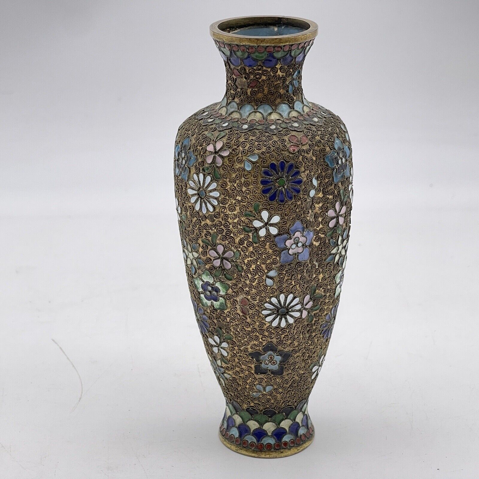 Cloisonné Vase Chinese Brass Enamel Porcelain Lined Small 7” Vintage