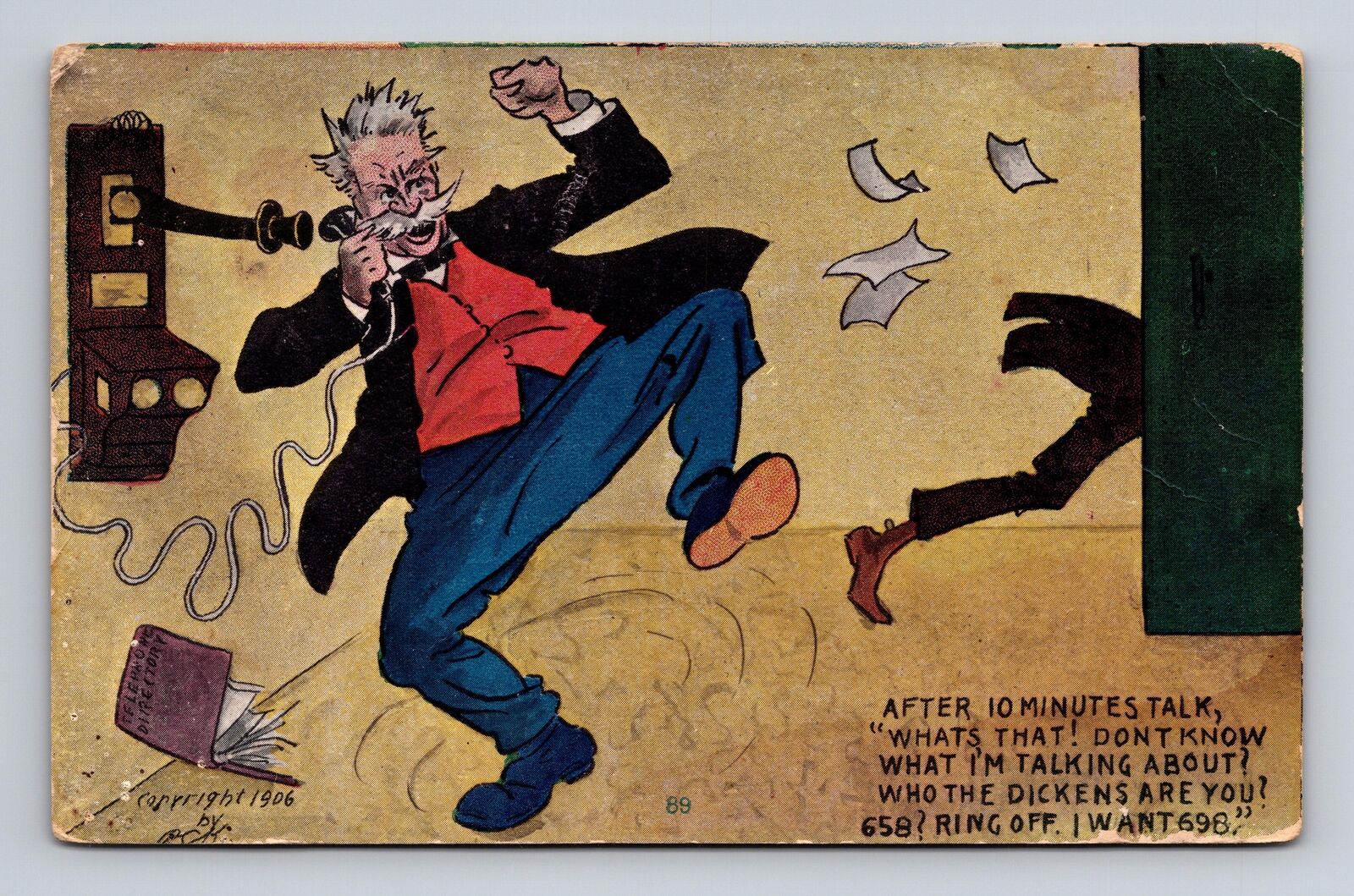 c1907 UDB Postcard Angry Man Wrong Number Convo PCK Peacock Series