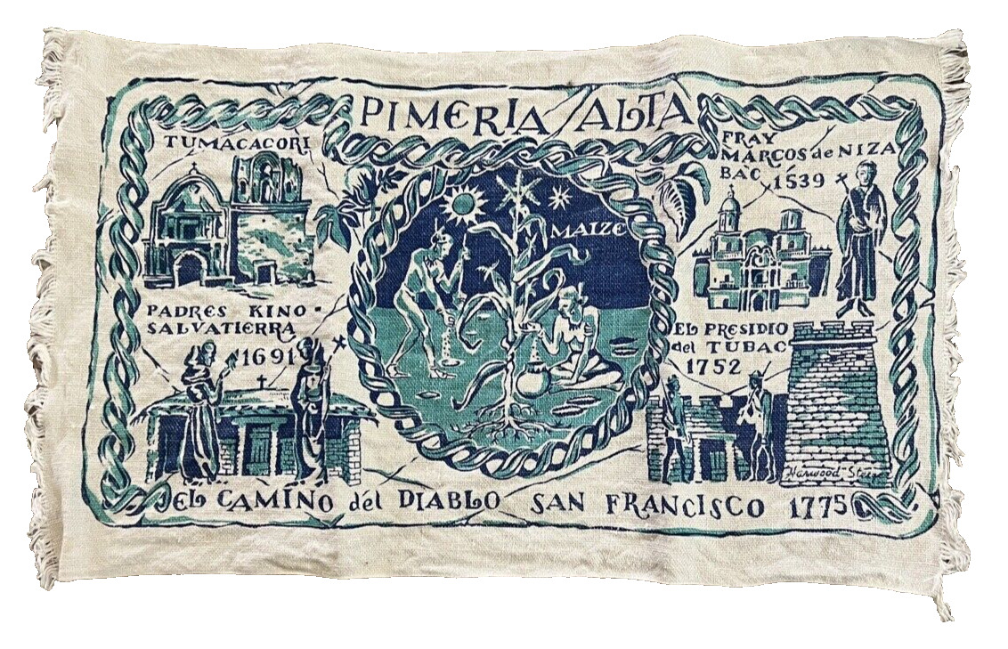 Vintage Harwood Steiger Southwestern Silk Screen Linen Pimeria Alta Blue Green