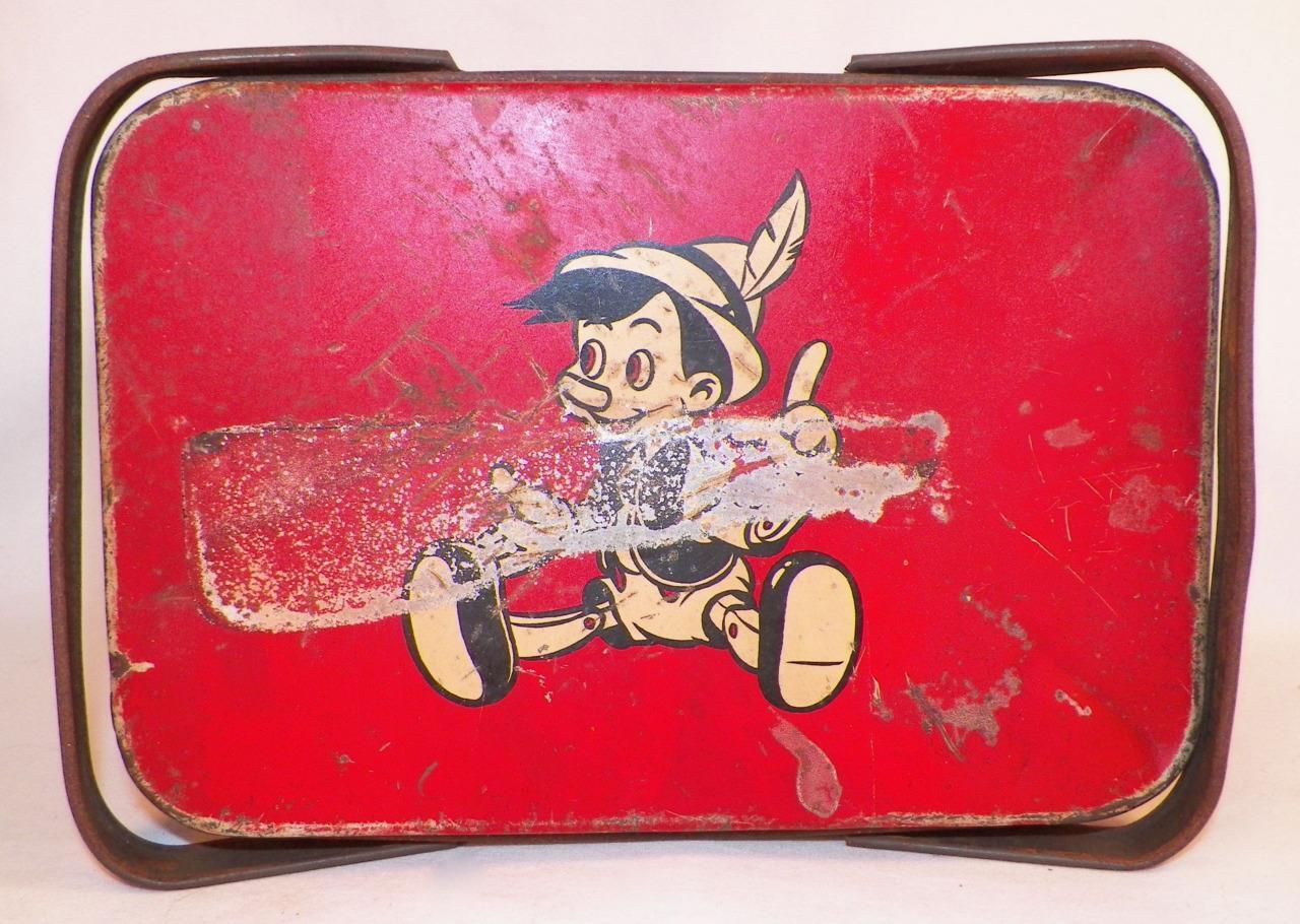 Pinocchio Tin Lunch Box Basket Walt Disney Productions WDP 1940 Vintage As Is