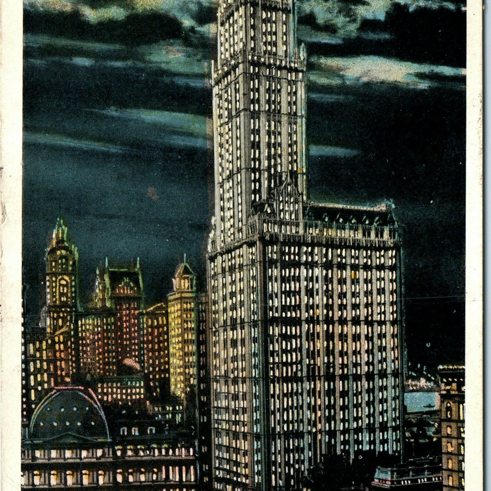 c1910s New York City @ Night Woolworth Building Litho Photo Postcard NYC A34