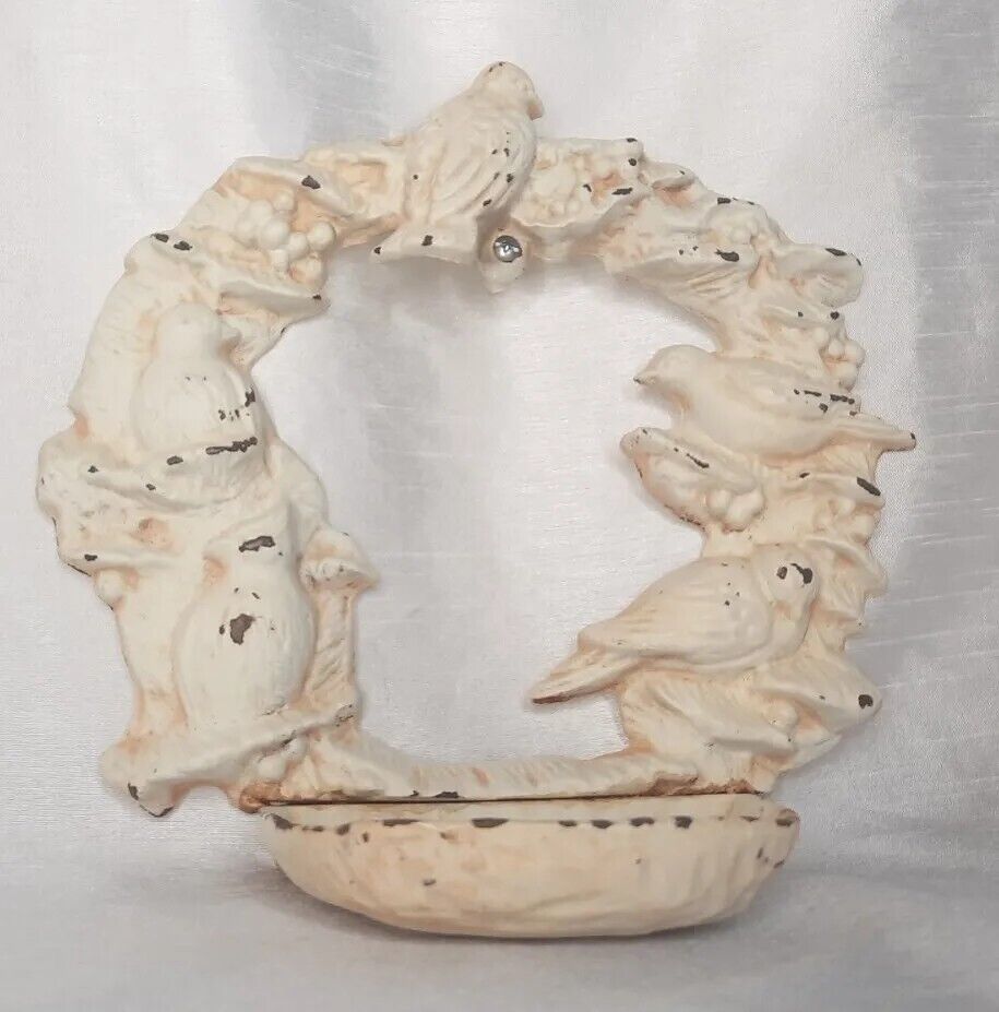 Rare Vintage Cast Iron White Distressed Wall Hanging Wreath With Pocket 