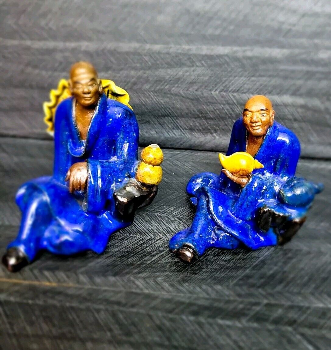 Antique Chinese Cerulean Glaze Mudmen Mudman Figurines Blue Robe Lot Of 2