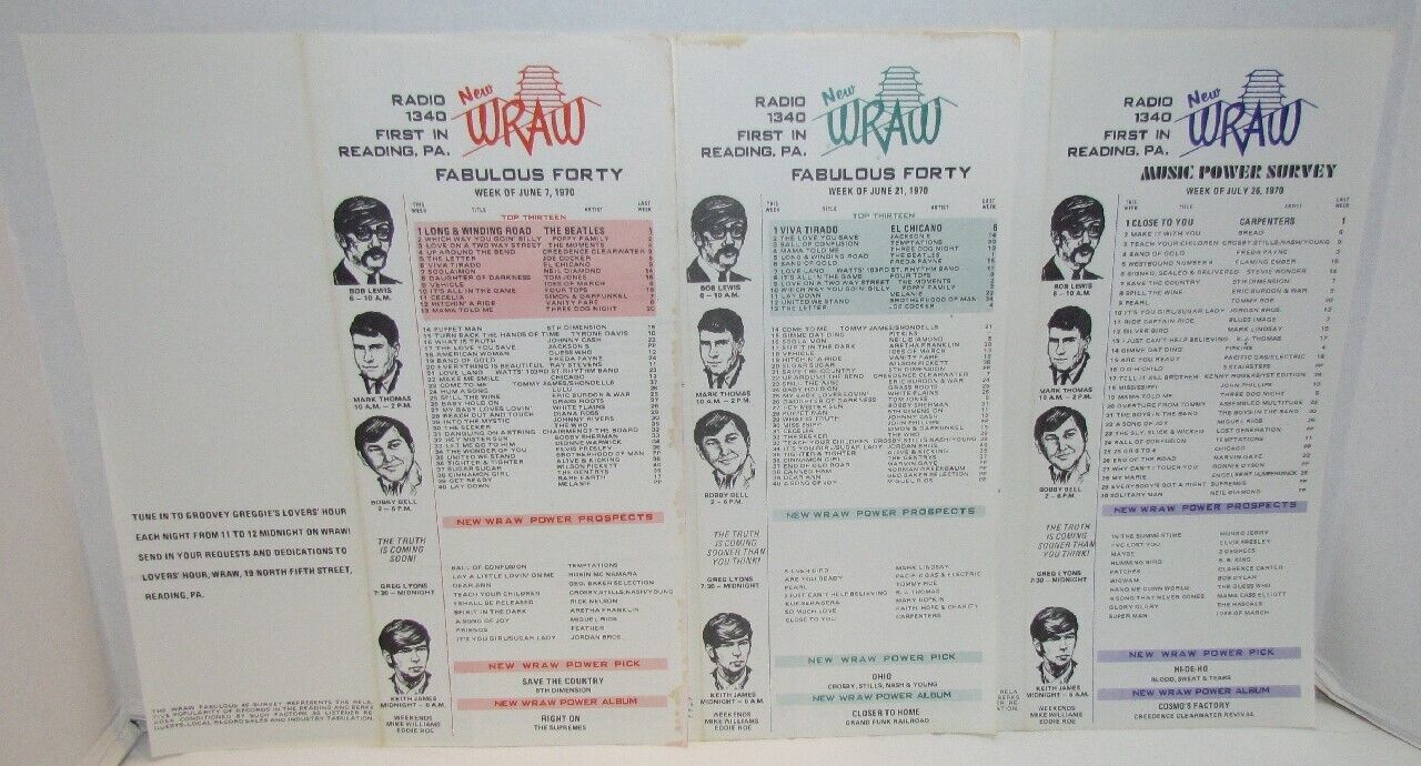 WRAW Reading, PA Top 40 Survey Charts, 1970, Jordan Brothers, Beatles, Jackson 5