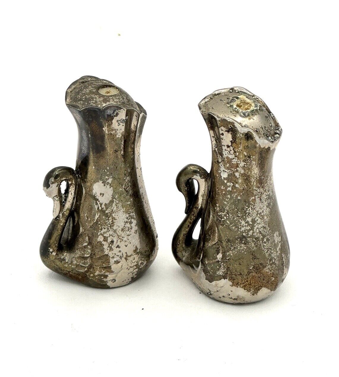 Pair Tarnished Silver Plated Salt & Pepper Shakers Stoppers Swan Handles 2.75”