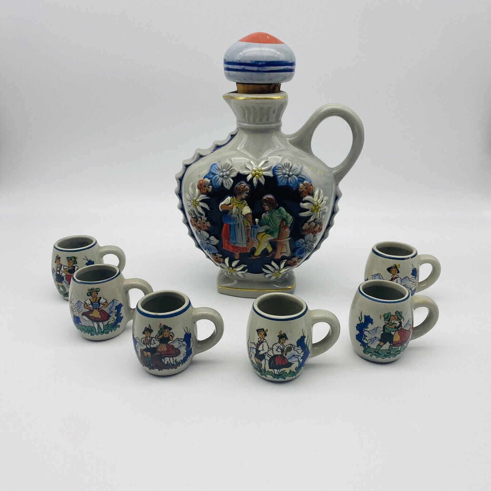 Vintage German Decanter and 6 Shot Glasses with Handles Embossed #2948 Porcelain