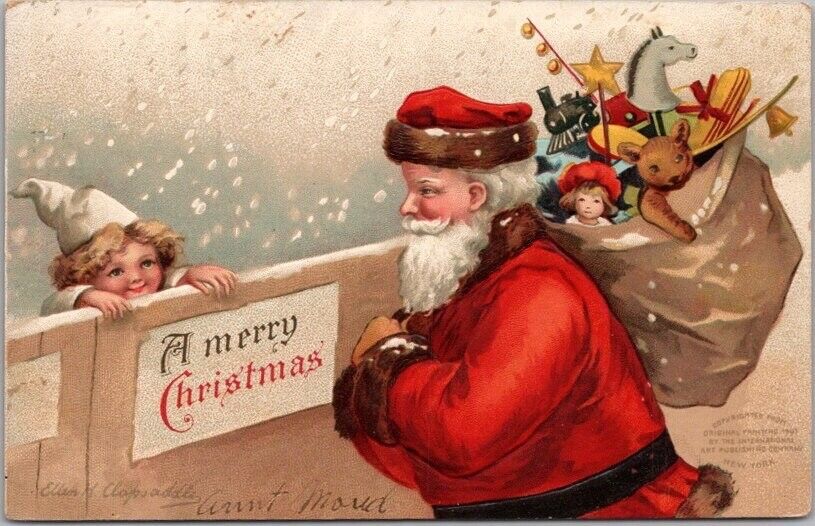 Artist-Signed CLAPSADDLE Christmas Postcard SANTA CLAUS & Girl / 1907 Cancel