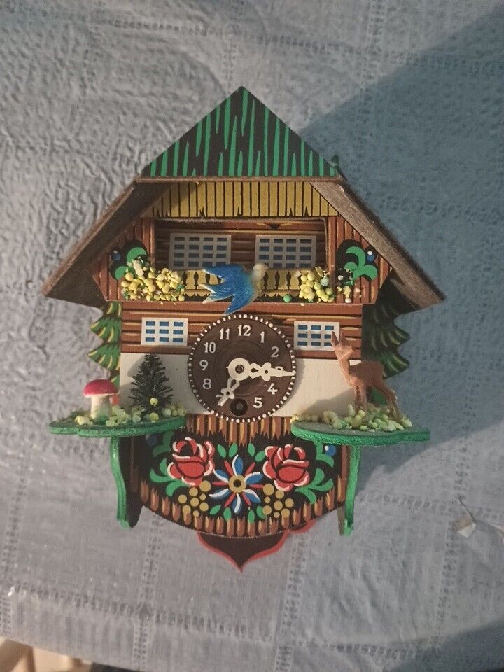 Vintage German Wood Birds Deer Mini Black Forest Clock Handmade.