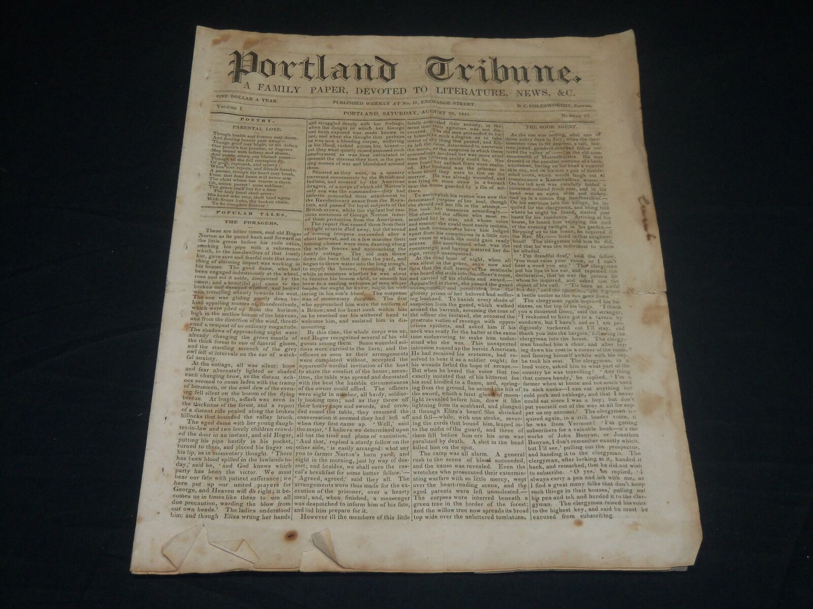 1841 AUGUST 28 PORTLAND TRIBUNE NEWSPAPER - U. S. FISCAL BANK - TYLER - NP 4834