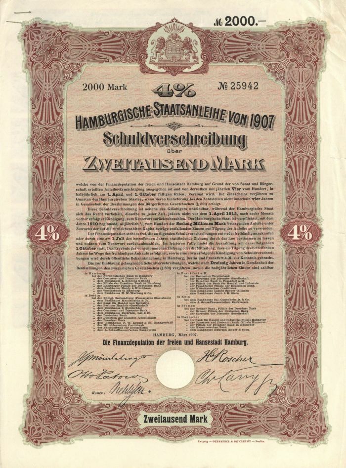 Hamburgische Staatsanleihe - 2,000 or 1,000 Marks Bond (Uncanceled) - Foreign Bo