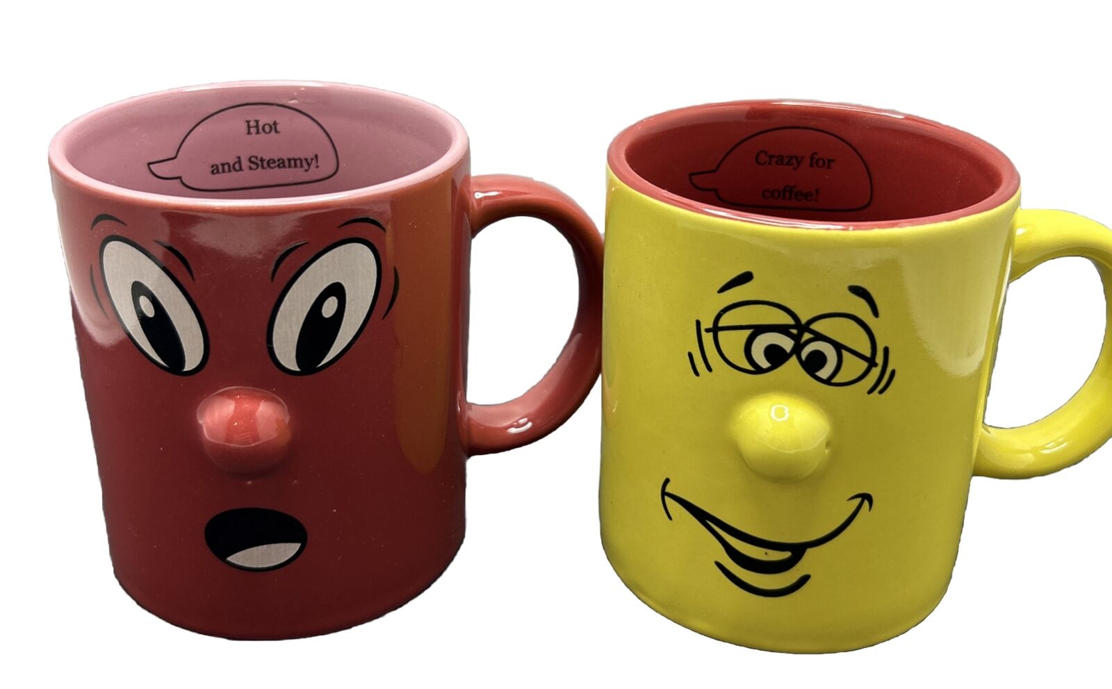 Vtg Set of 2 Atico International Coffee Mug Cups 3D Silly Happy Smiling Face #2