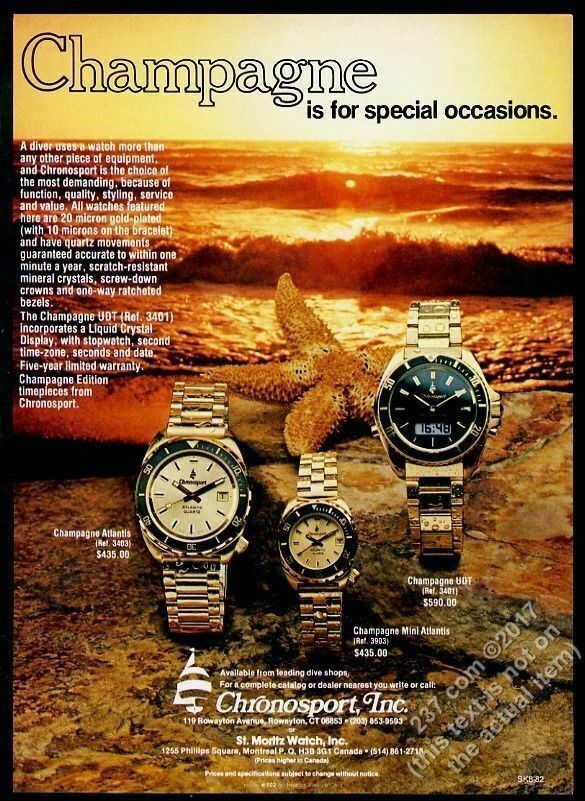 1983 Chronosport diving watch Champagne UDT Atlantis & Mini vintage print ad