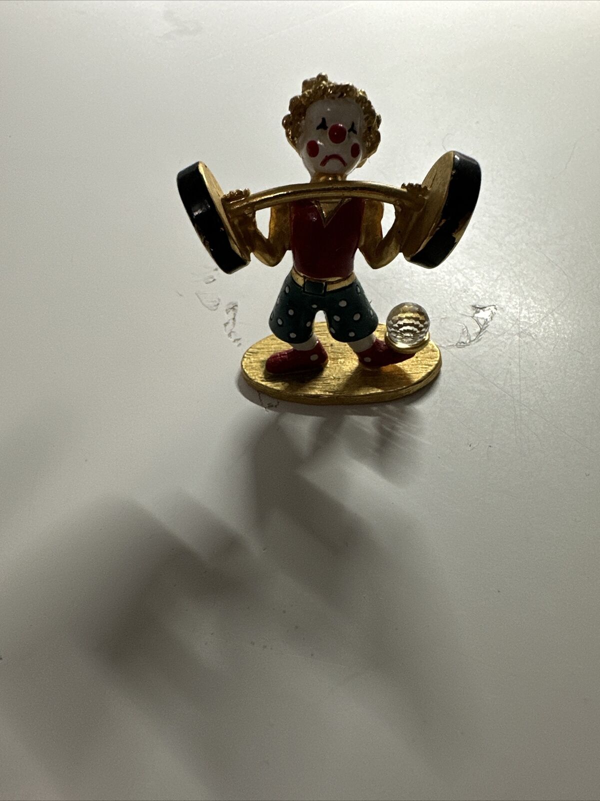 VTG Spoontiques  Pewter Miniature Gold Clown Weightlifter with Swarovski Crystal