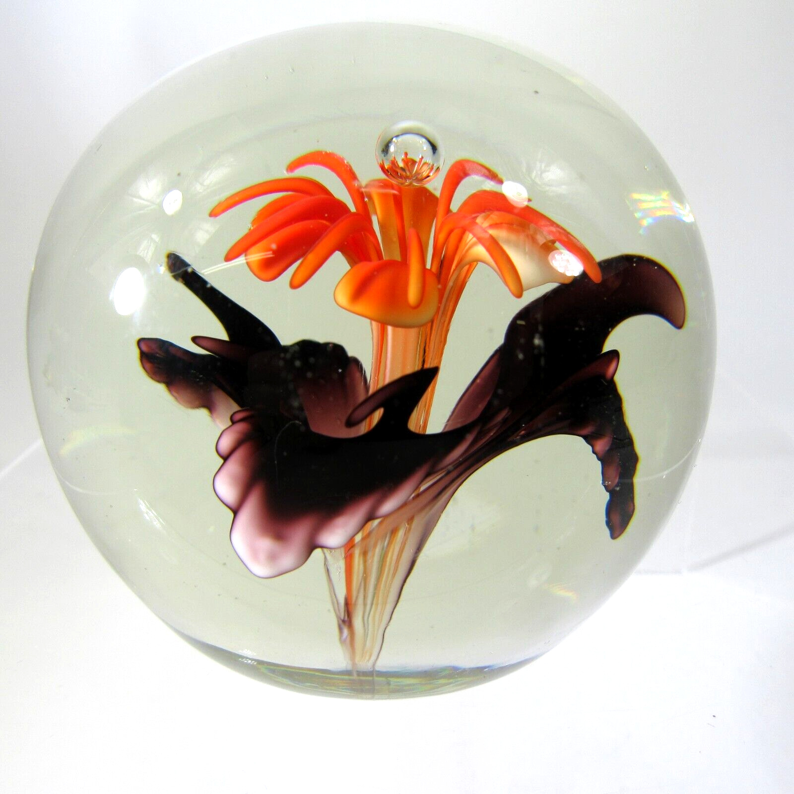 VINTAGE German Willi Geck Geschenke floral lampwork paperweight orange art glass