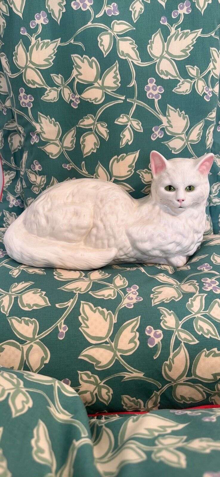 Vintage Large Ceramic Cat  Statue Figurine White Persian Cat Green Eyes MCM
