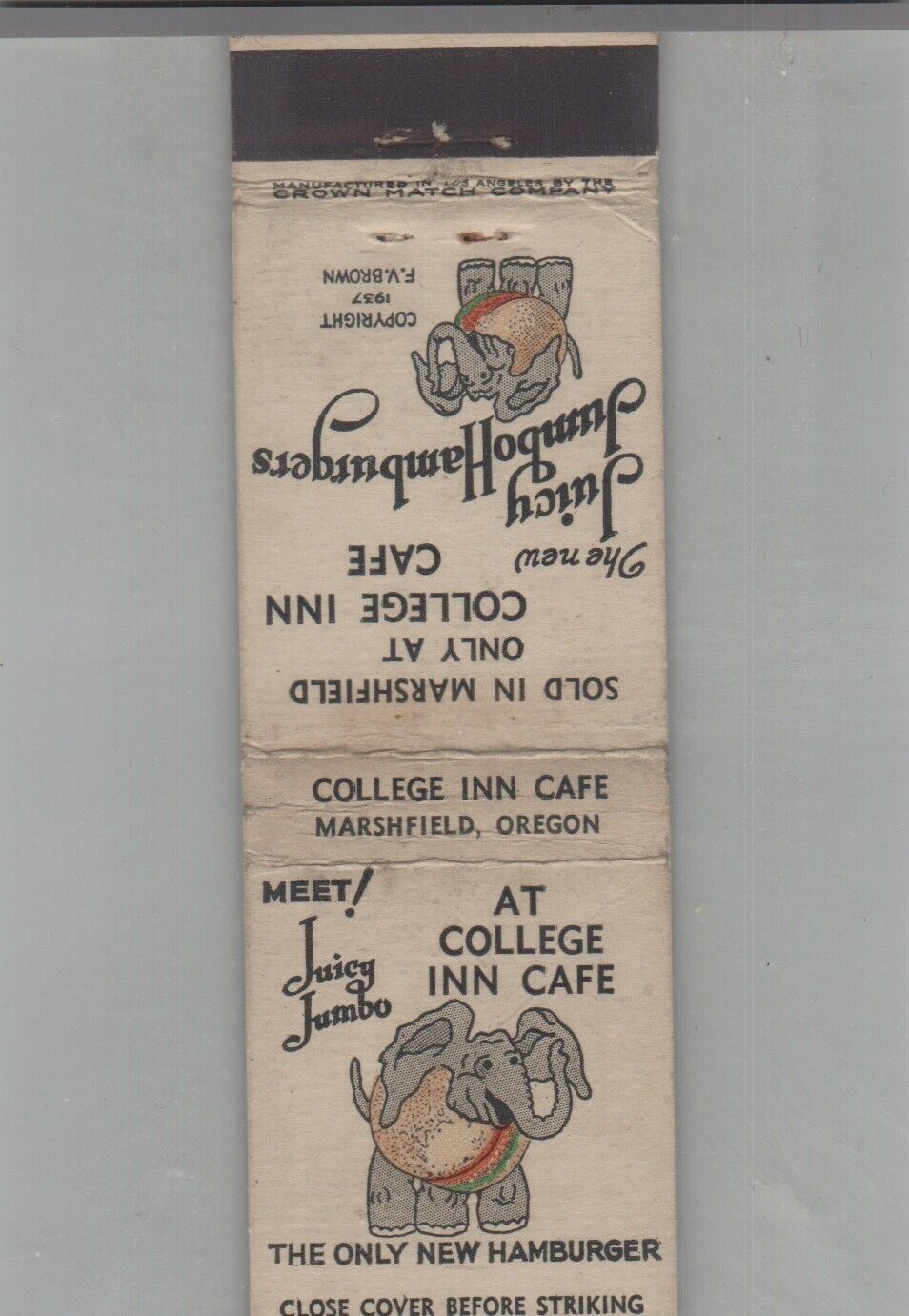 1930s Matchbook Cover Crown Match Co College Inn Cafe Marshfield, OR