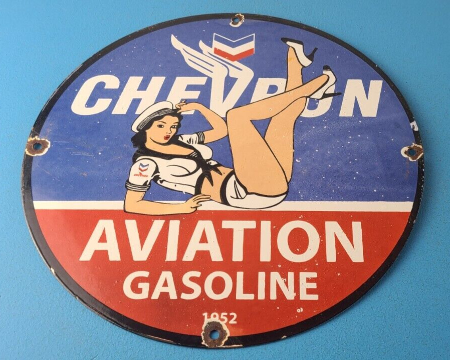 Vintage Chevron Gasoline Sign - Aviation Gas Motor Oil Auto Pump Porcelain Sign