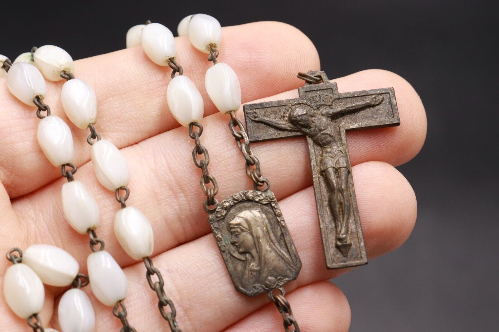19th Rosary Antique White Pearl Necklace Sacred Heart Religion Crucifix
