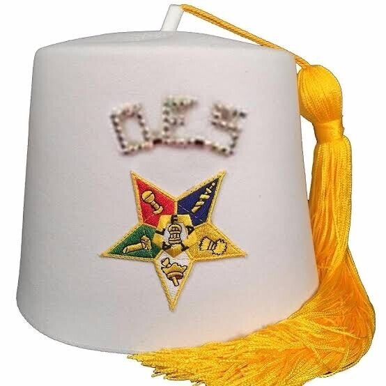 Order of the Eastern Star OES Rhinestone White Fez- OFF White Fez