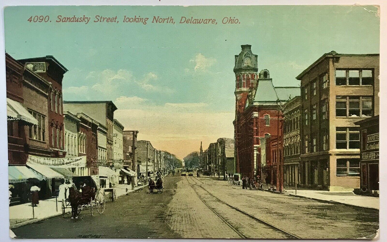 Delaware Ohio Sandusky Street Looking North OH Antique Postcard Horse Buggy