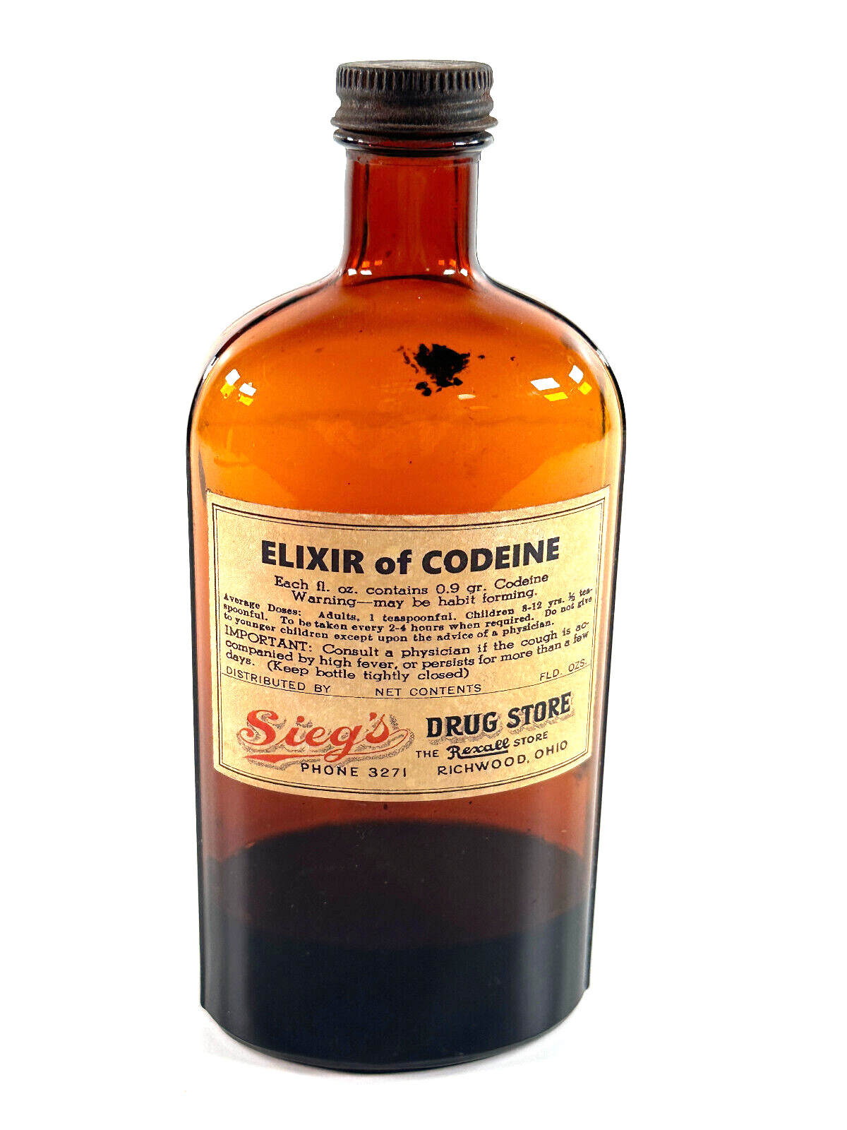Antique RARE Elixir of Codeine Medicine Bottle EMPTY Sieg's Rexall Richwood Ohio