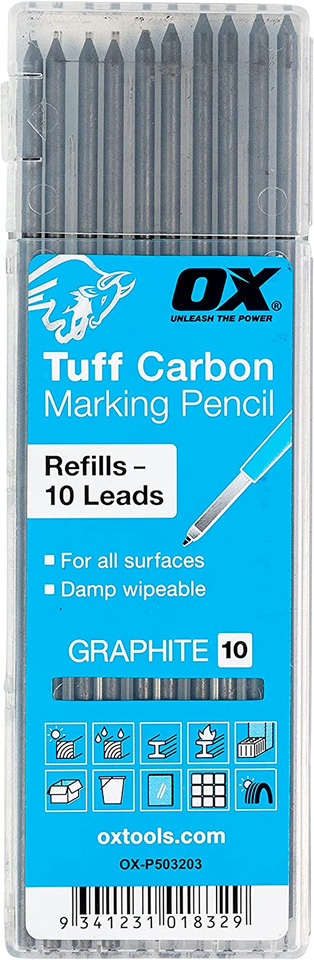 OX Tools Tuff Carbon Marking Pencil Replacement Lead 10-Pack | Basic Graphite Le