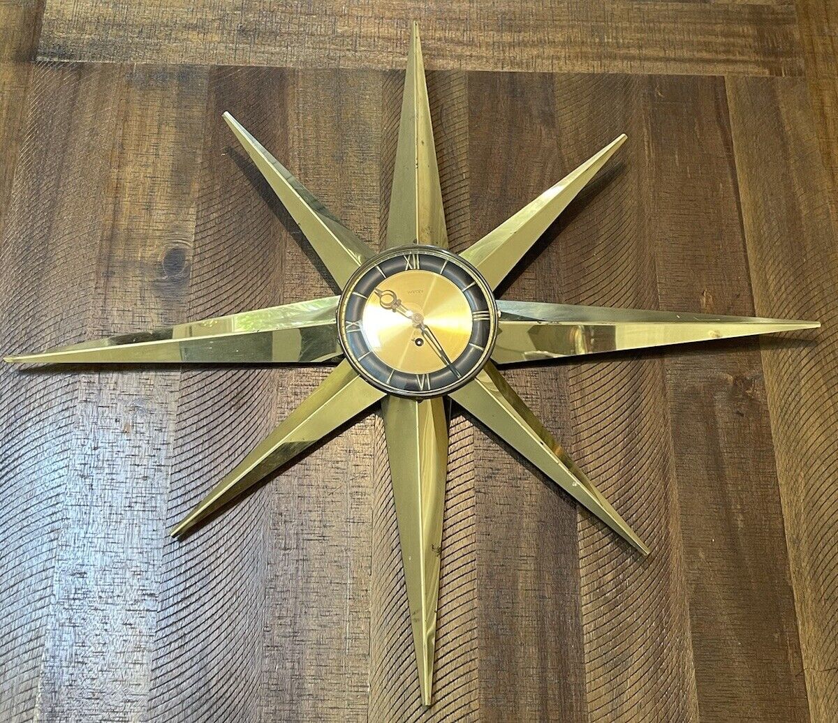 Vintage Welby Starburst Sunburst Atomic Wall 8 Day Clock Brass Germany Working