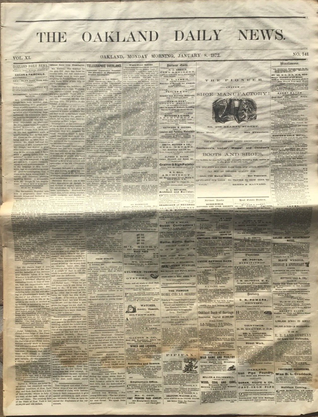 1872 Original Oakland Newspaper - 1871 Police Report - 12,000,000 acres for sale