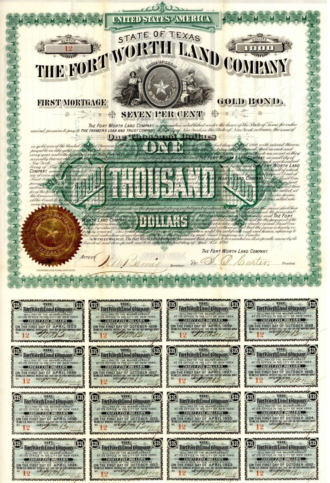 Fort Worth Land Co. - 1890 dated 7% $1,000 Gold Bond - Gorgeous Texas Bond - Gen