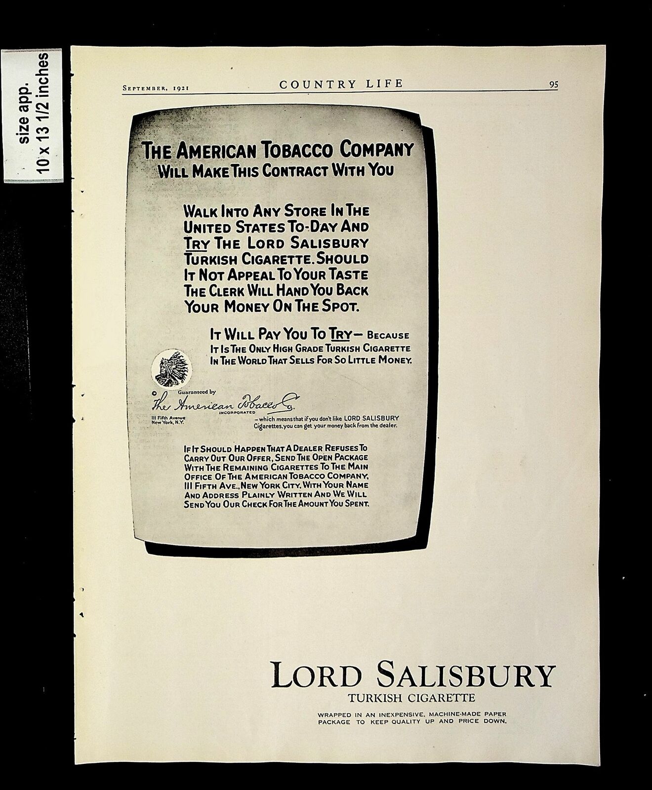 1921 Lord Salisbury American Tobacco Co Vintage Print Ad 14293