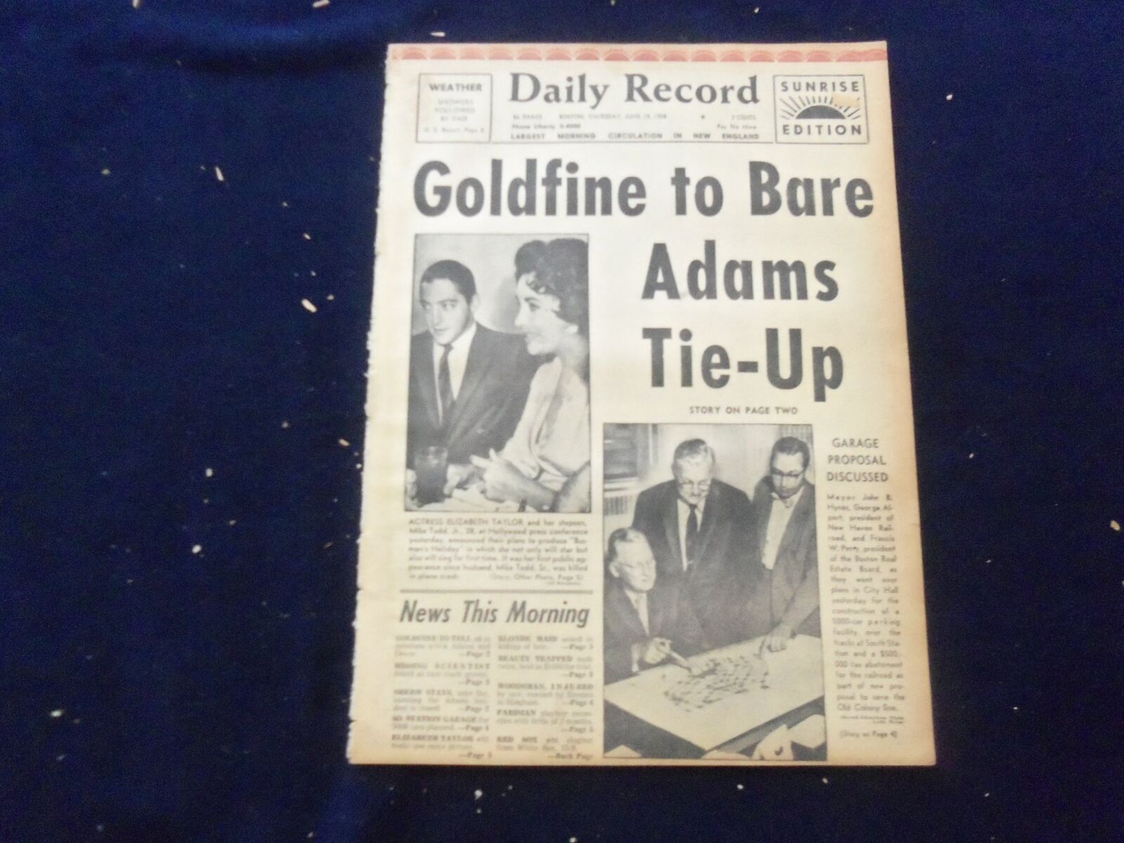 1958 JUNE 19 BOSTON RECORD AMERICAN NEWSPAPER - ELIZABETH TAYLOR - NP 6267