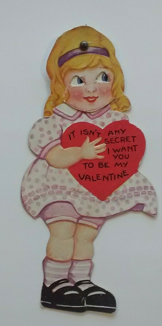 Valentine\'s Day Die Cut Card Vintage c1930\'s, Girl Big Eyes Rotating, Heart 