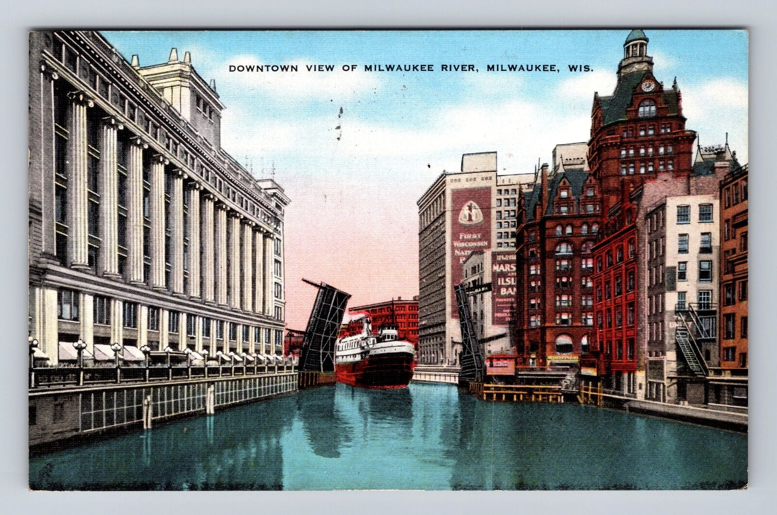 Milwaukee WI-Wisconsin, Downtown View, River, Antique, Vintage c1940 Postcard
