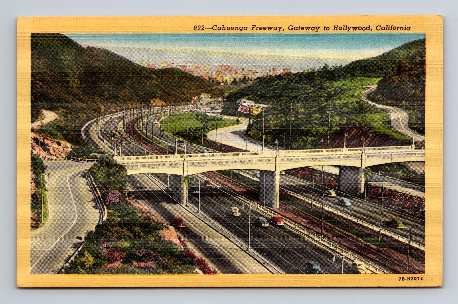c1947 Linen Postcard Cahuenga Freeway Gateway to Hollywood CA California