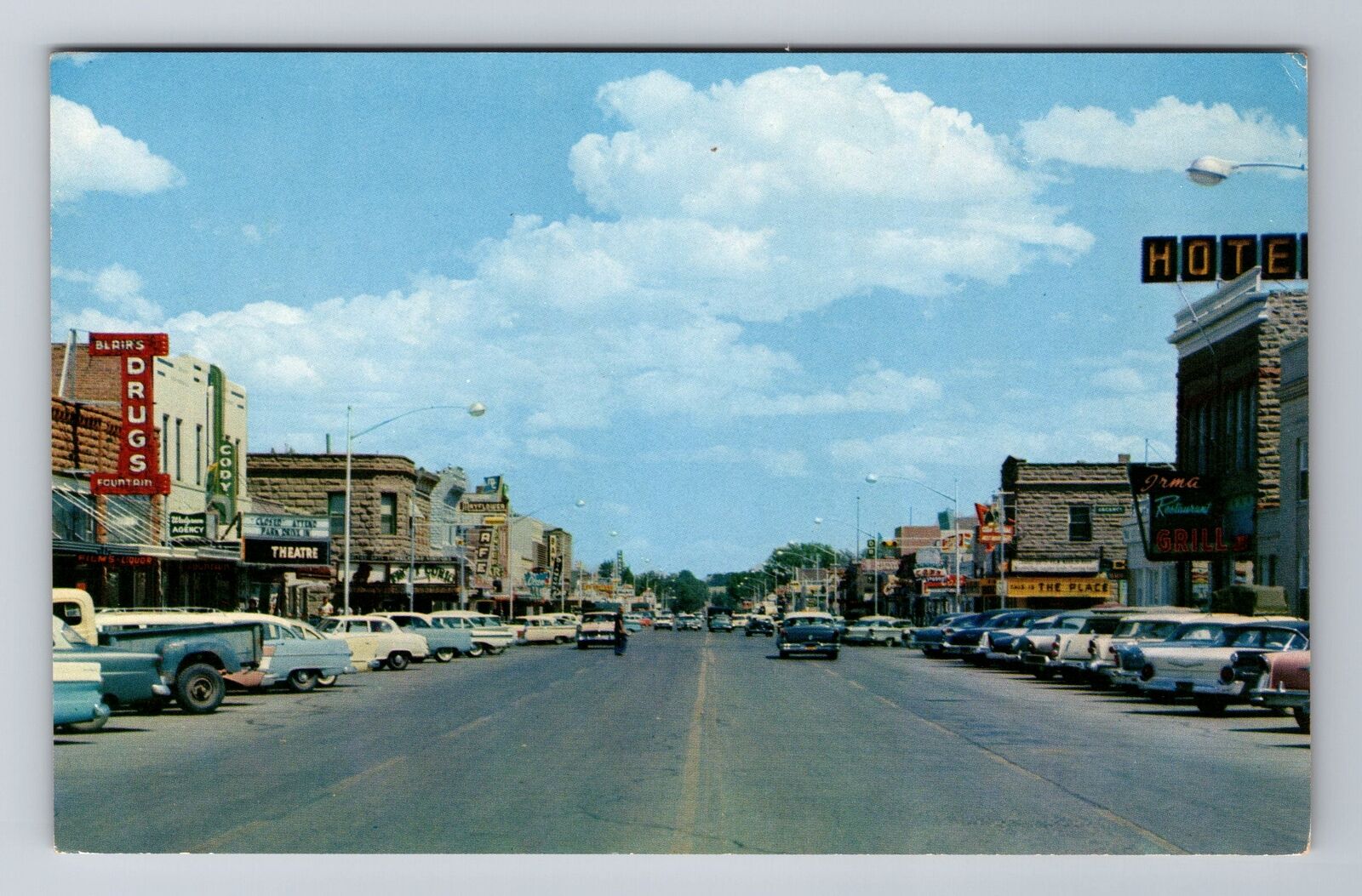 Cody WY-Wyoming, Sheridan Street, Advertising, Antique Souvenir Vintage Postcard