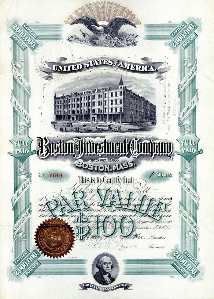 Boston Investment Co. - Stock Certificate - Investment Stocks and Bonds