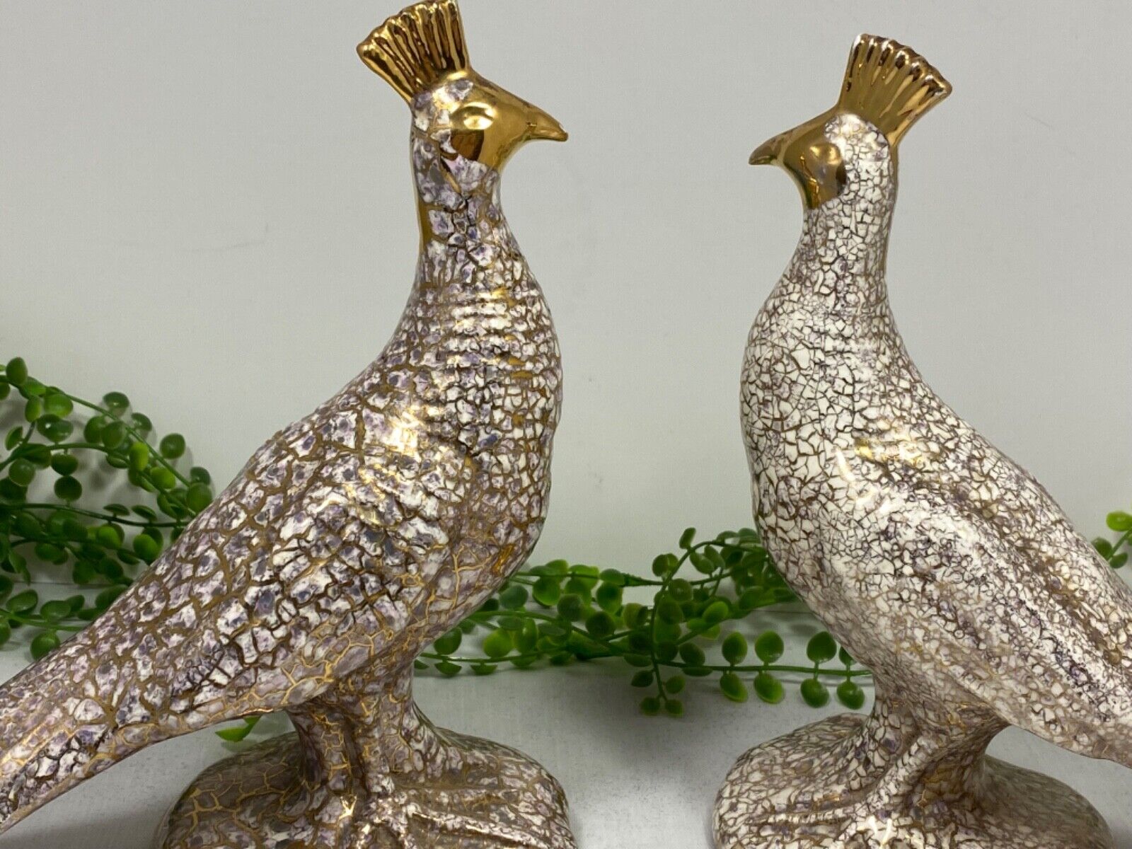 Pair Peacocks Mid Century Lge White Gold &Brown Crackle Lavender Bird Decor Gold